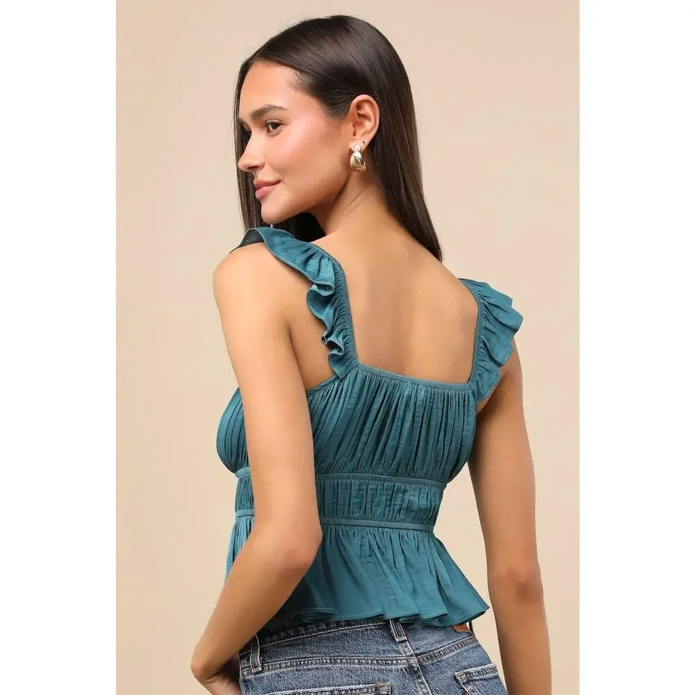 Lulus Sanne Teal Green Flutter Sleeve Tank Top Size M - Picture 2 of 13